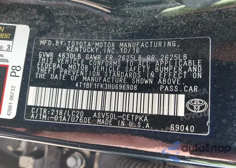 2017 Toyota Camry Xse z USA, uszkodzony, nr VIN 4T1BF1FK3HU696908